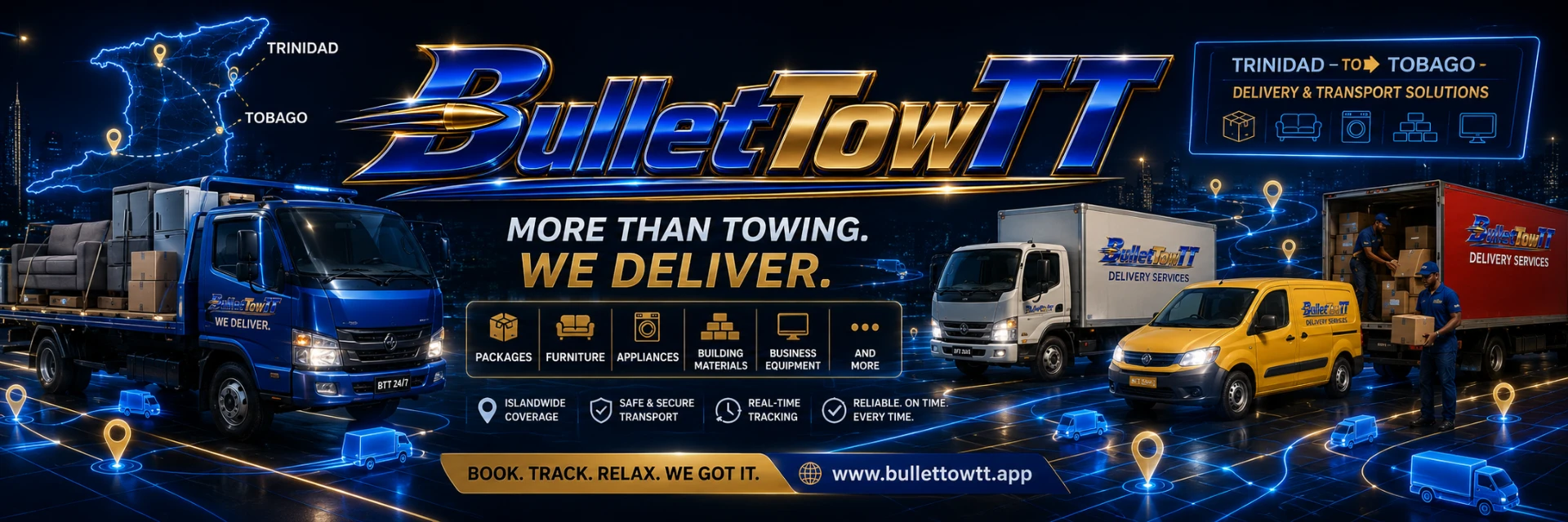 BulletTowTT delivery and transport trucks with Trinidad to Tobago route map — more than towing, we deliver