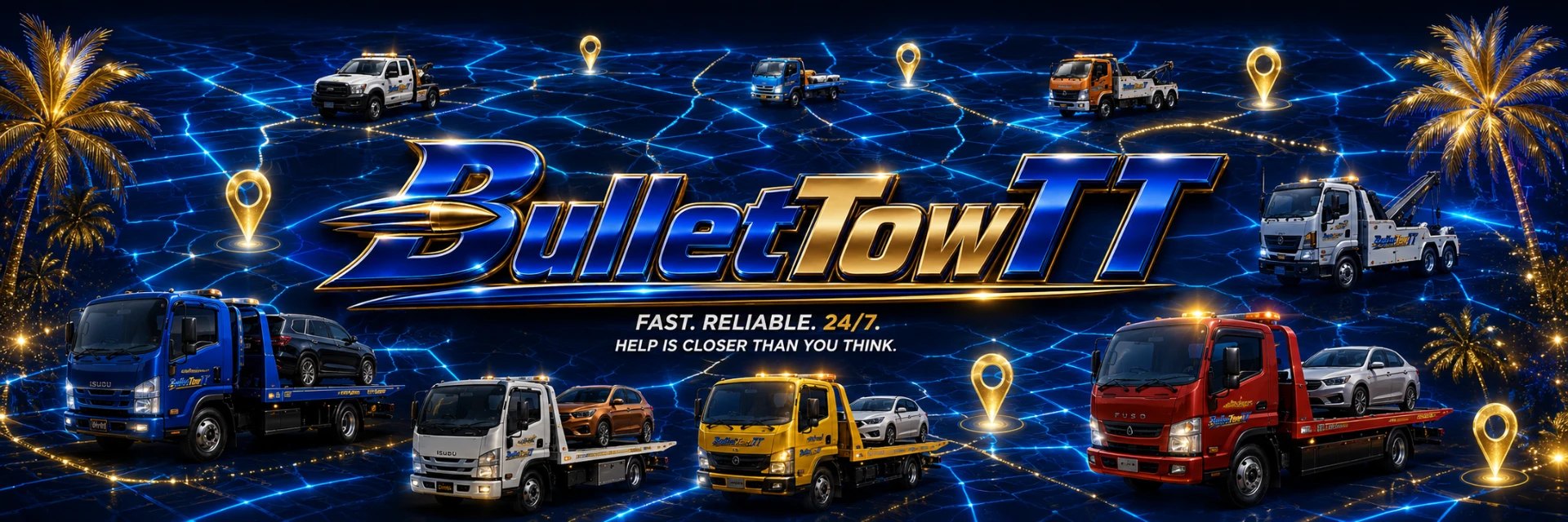BulletTowTT wreckers on a Trinidad highway at dusk with GPS location markers