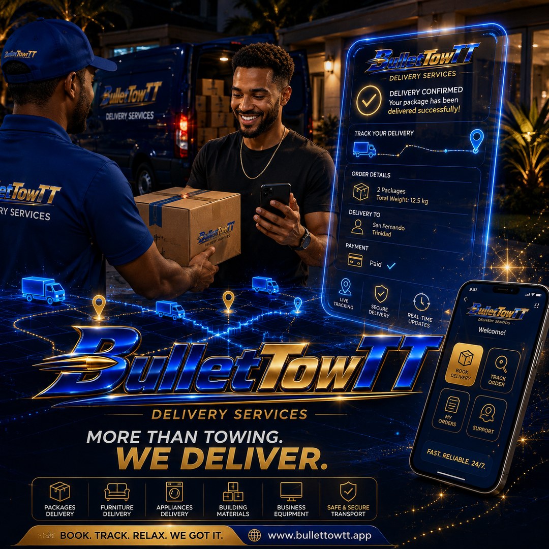 BulletTowTT Delivery Services artwork showing a courier handing over a package with in-app delivery tracking