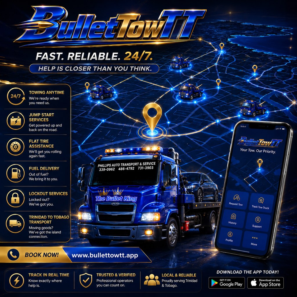 BulletTowTT truck on a digital route map showing towing and inter-island transport service coverage